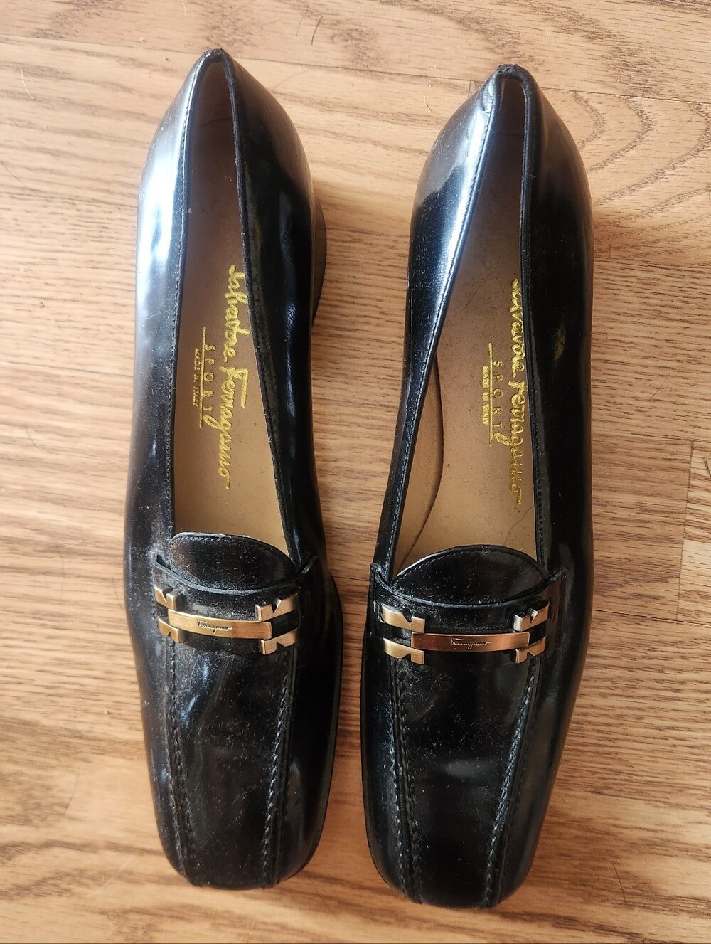 NWT Salvatore Ferragamo Black Patent Loafers with Gold Hardware, Size 7